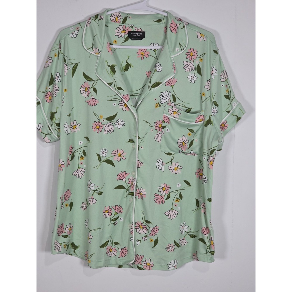 Kate Spade Womens L Pajama Top Mint Green Floral Short Sleeve Button Sleepwear